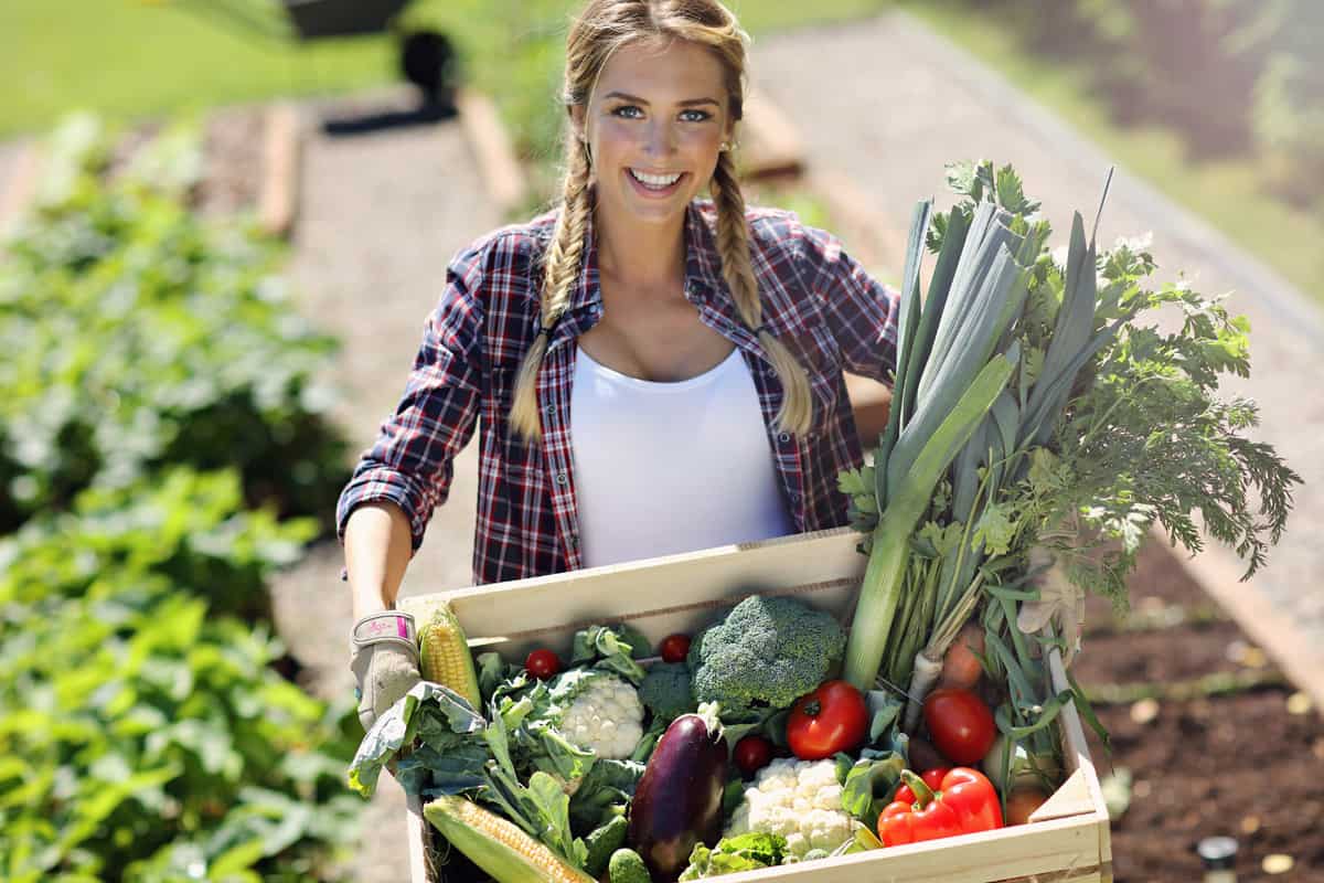 pretty woman with vegetables in garden from the best new vegetable seeds