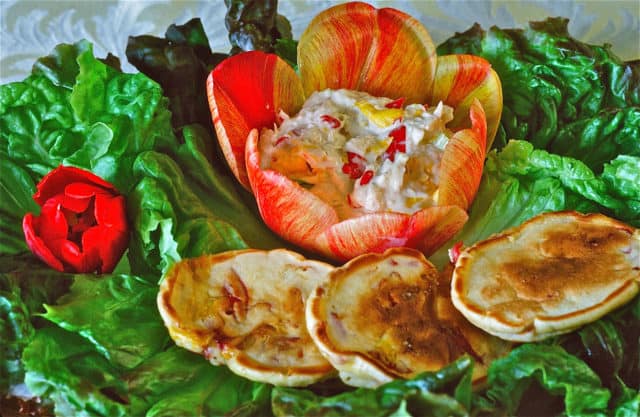 edible spring flowers are used in these Tulip Dandelion Pancakes and Tulip Tuna