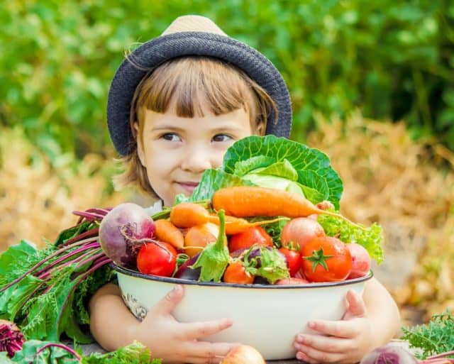 young girl hold homegrown vegetables from garden