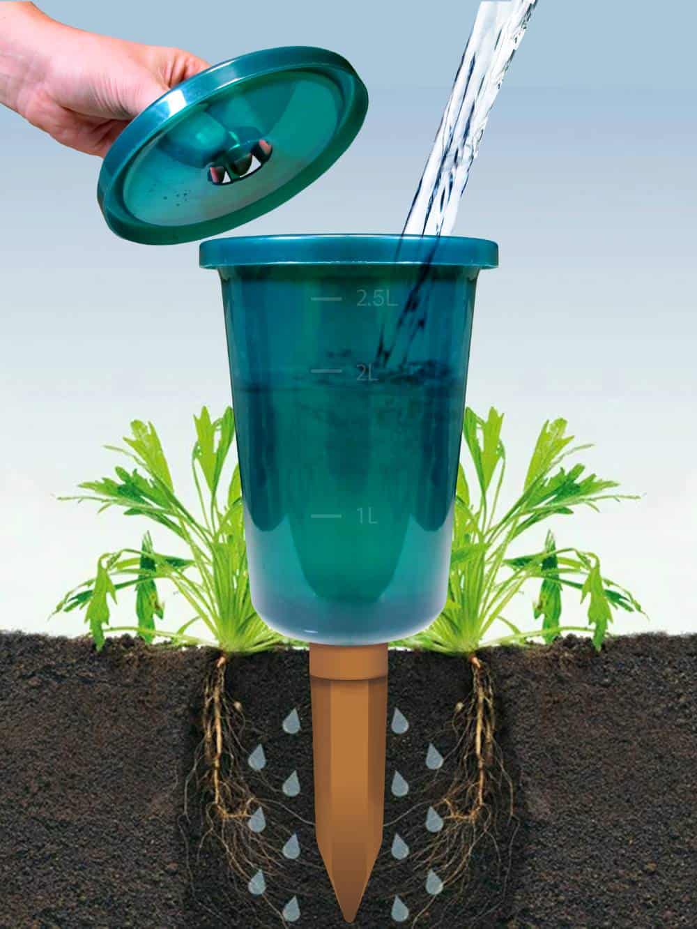 A Hydro Cup Watering Stake delivers water directly to a plant's root zone