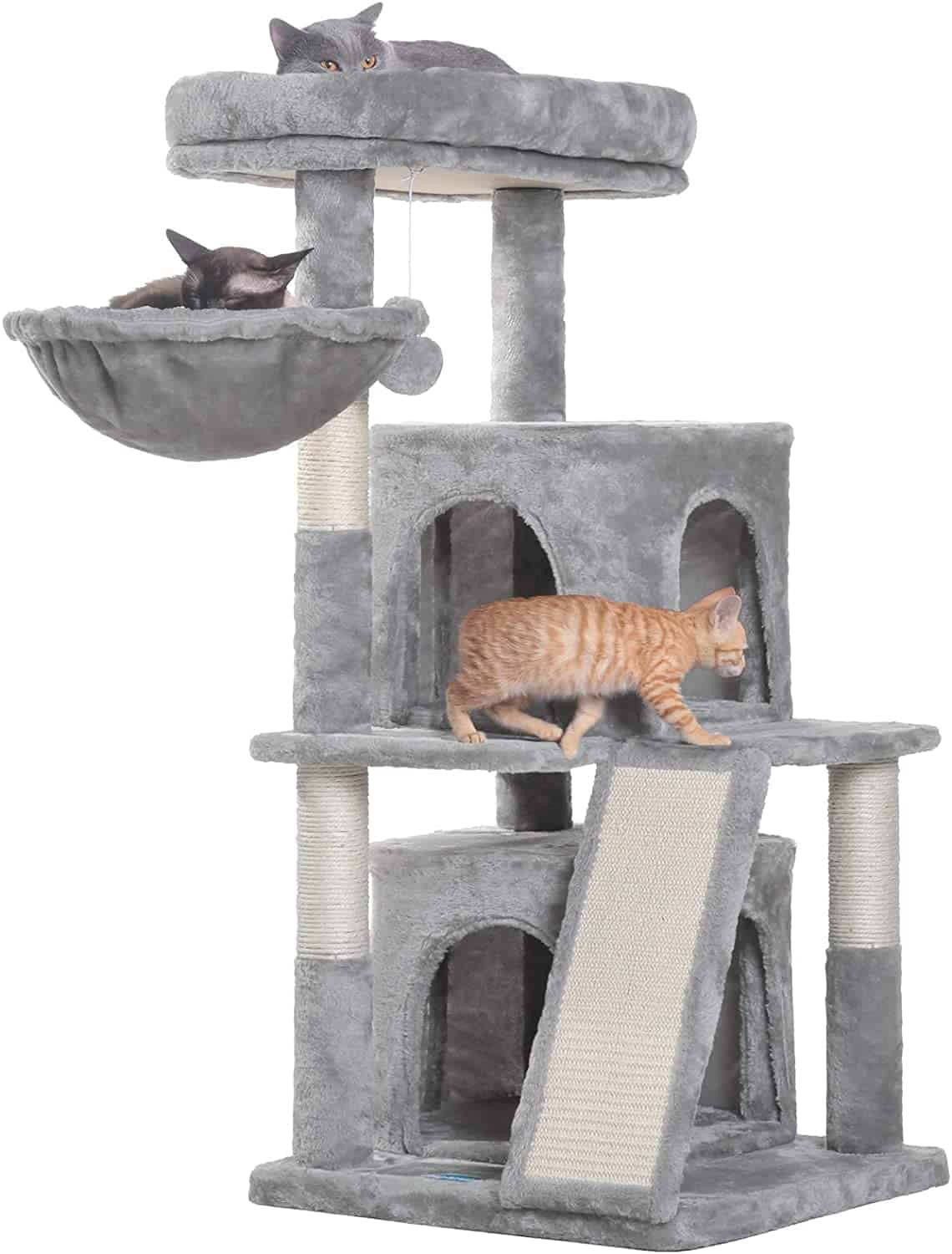 Several cats lounge and play on a plush cat tree