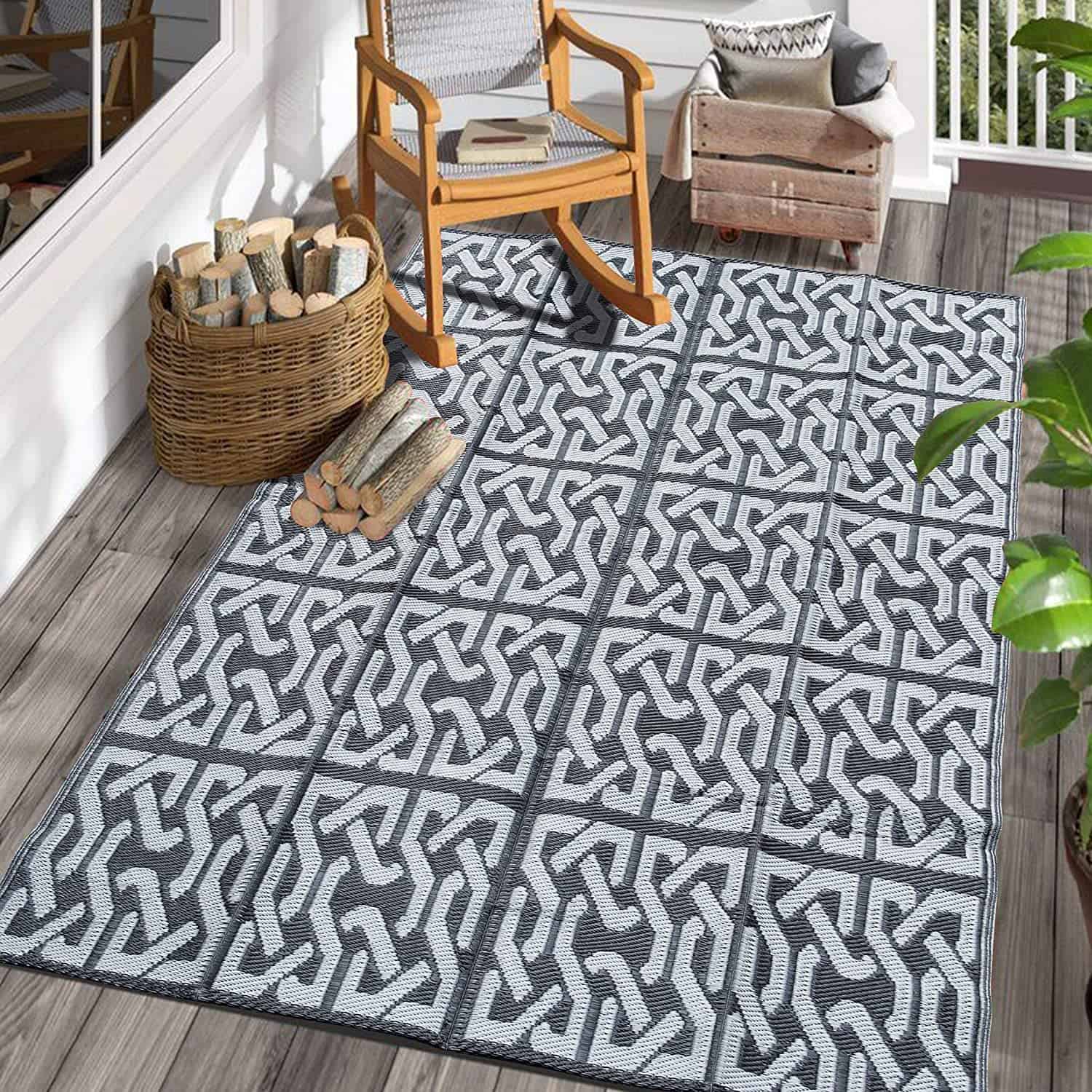 Durable weatherproof rug for outdoor living space.