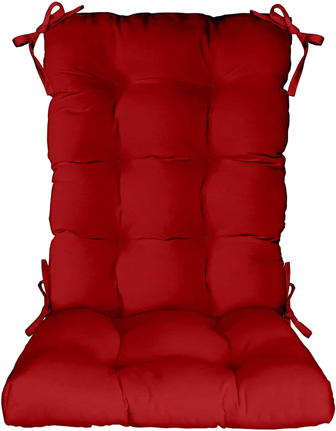 A red chair cushion for outdoor seating.
