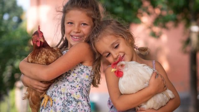 two girls hold chickens in their urban backyard