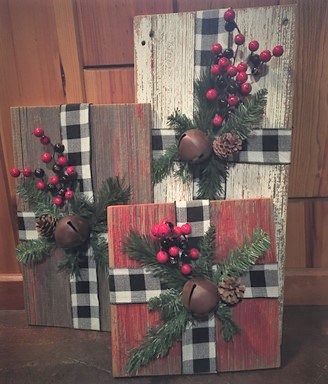 rustic wood panels wrapped to look like Christmas presents