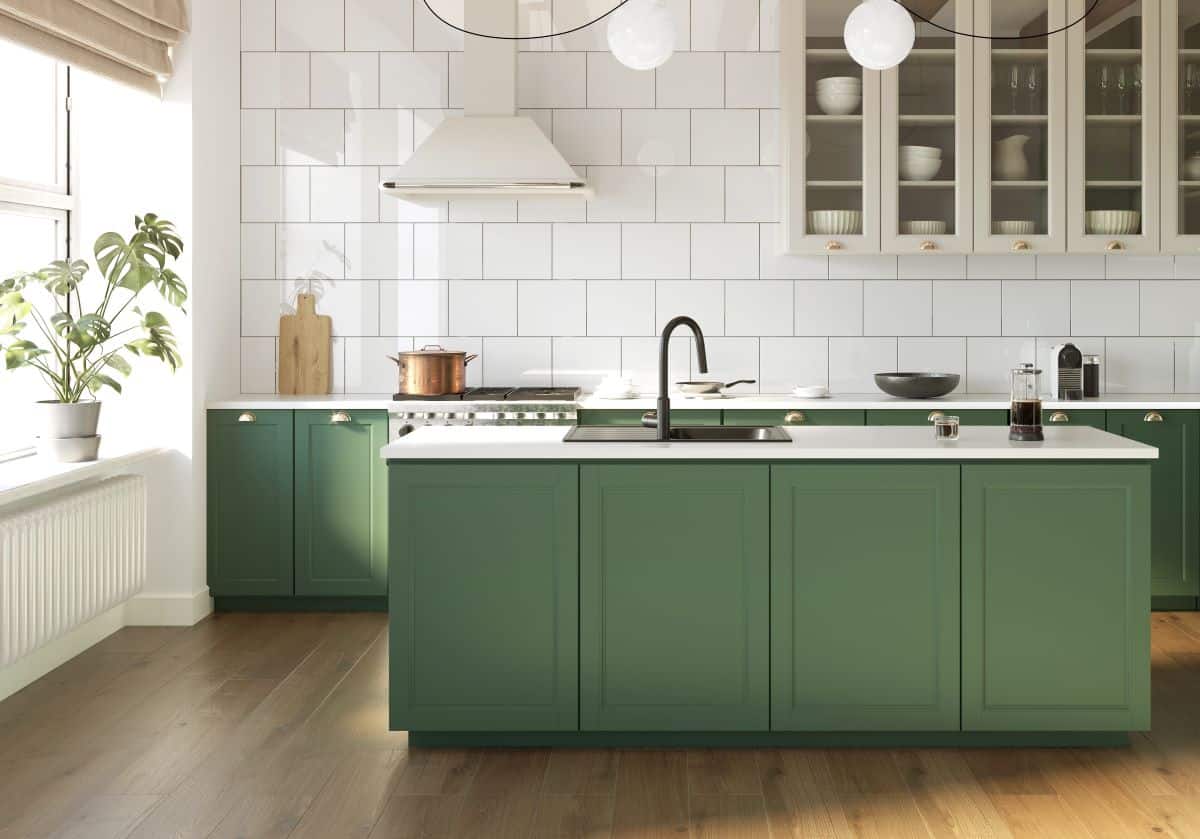 modern kitchen design with green cabinets and wood floor