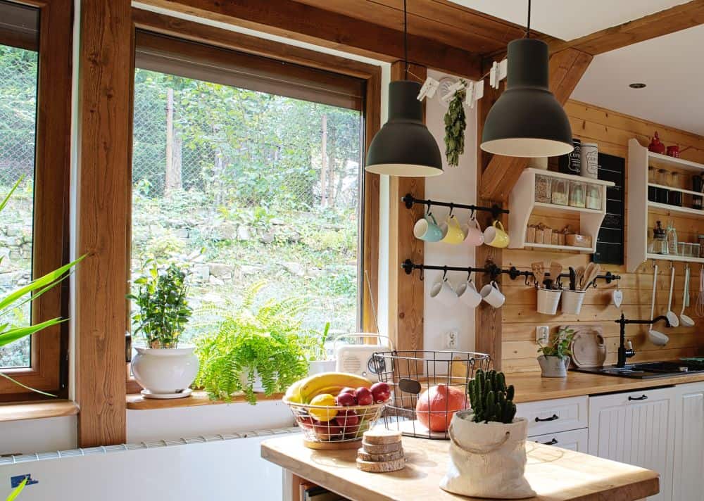 rustic kitchen with a large window for natural light