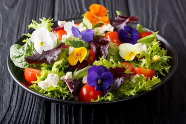 a salad topped with edible flowers