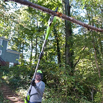 a man cuts a tree branch using a greenworks cordless electric pole pruner