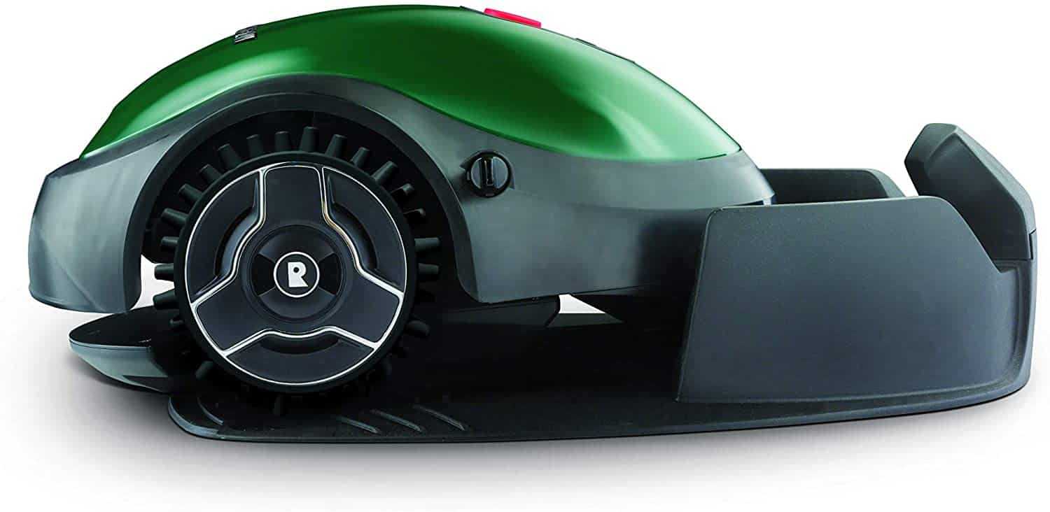 a Robomow RX20 Battery Powered Mower with its charging station