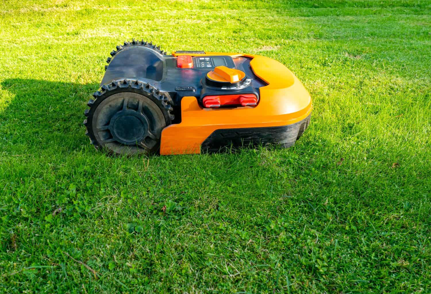 a robotic lawn mower cutting a grass lawn
