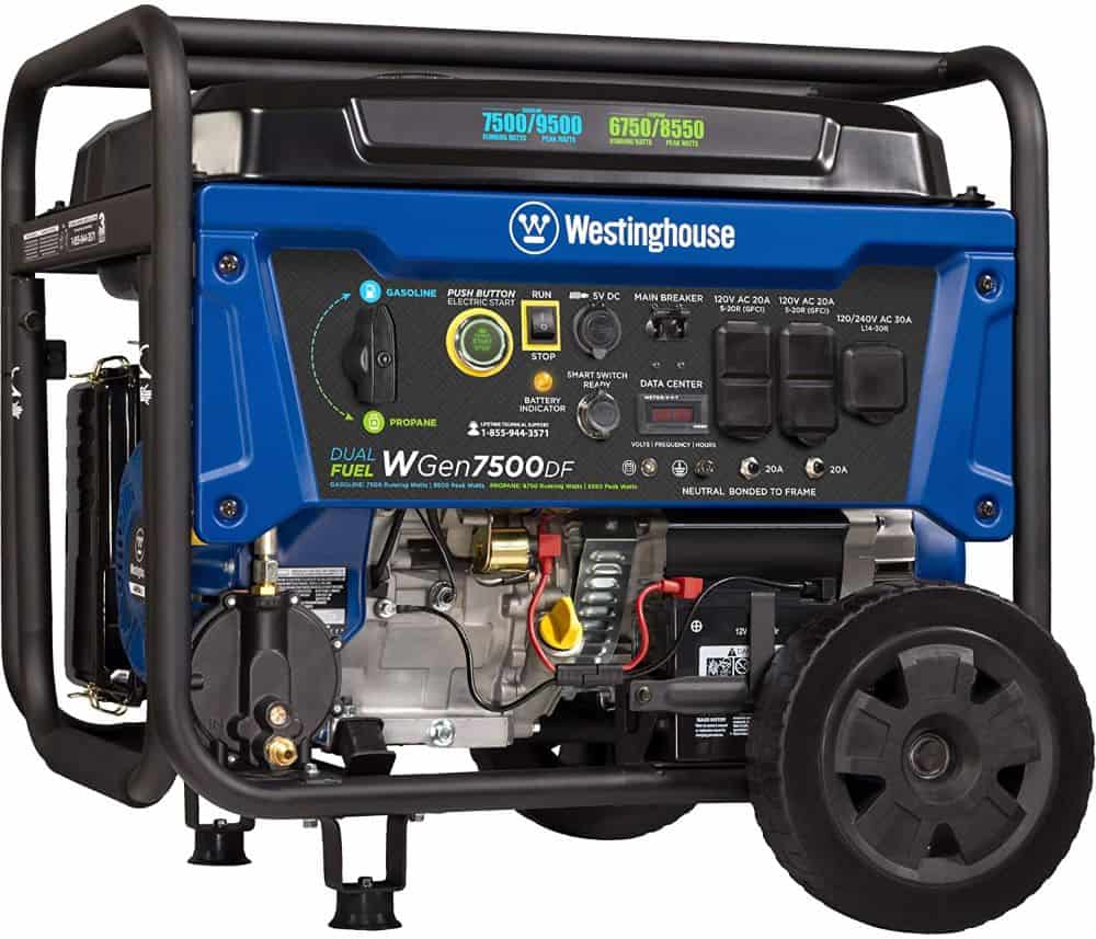 home generators for backup power include this Westinghouse WGen7500 portable generator