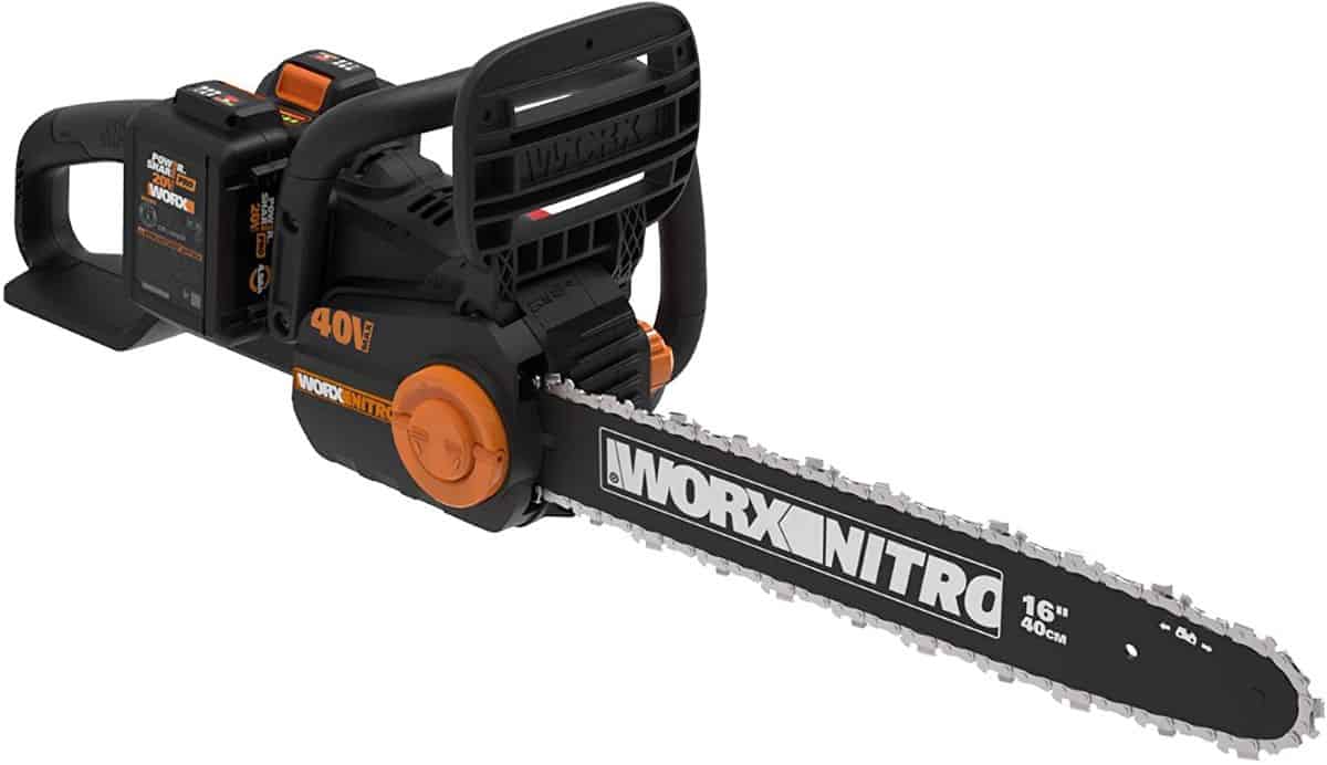 a battery powered chainsaw, the Worx Nitro 40-volt model