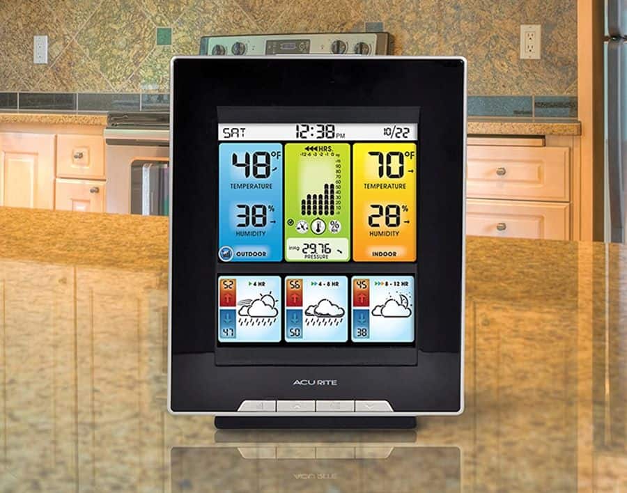 an AcuRite weather monitor sits on a kitchen counter