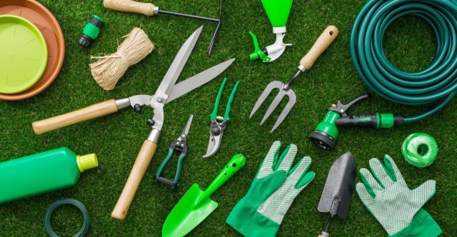 an assortment of the best garden tools spread out on a lawn