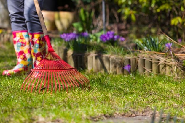 a woman wearing rain boots rakes a lawn
