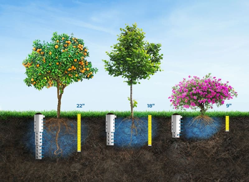 an illustration of Root Quencher tree watering devices to accommodate different watering depths for various sizes of trees