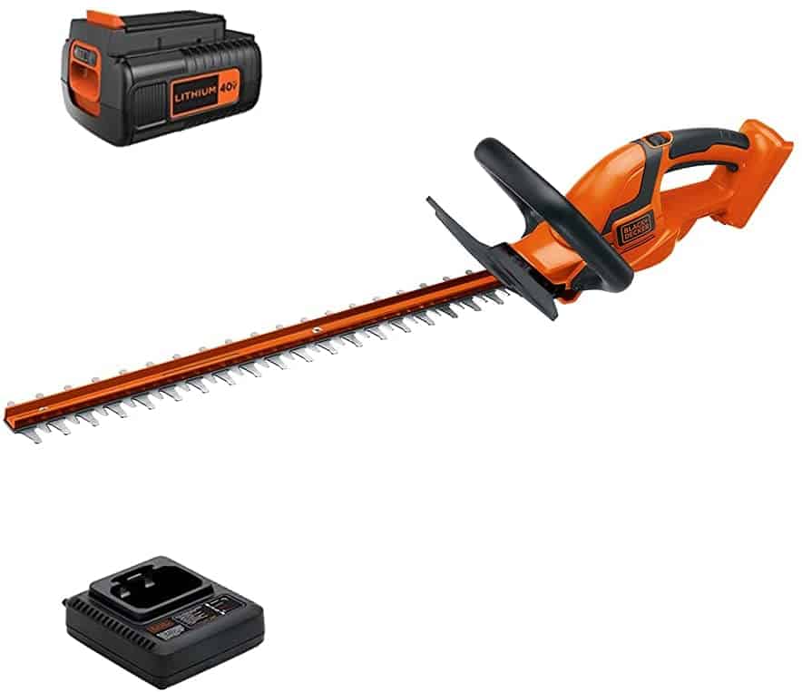 black + decker 40-volt cordless electric hedge trimmer with battery pack and charger