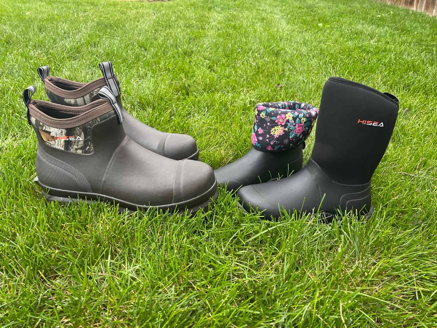 best gardening shoes and outdoor boots sitting on a lawn