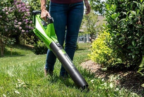 a woman uses a greenworks cordless electric blower