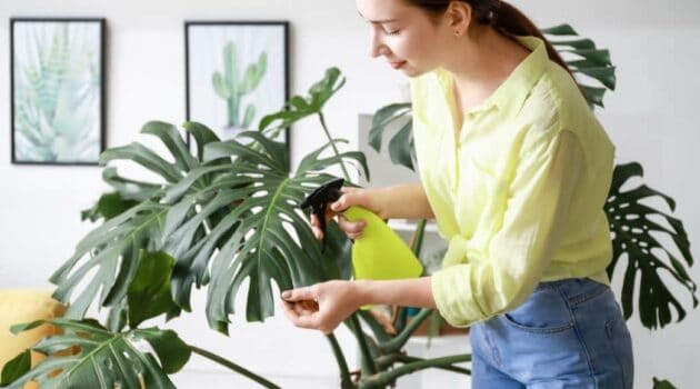 a woman cleans the leaves of a monstera houseplant