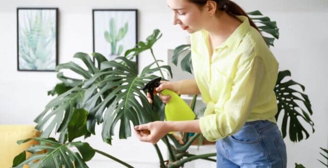 a woman cleans the leaves of a monstera houseplant