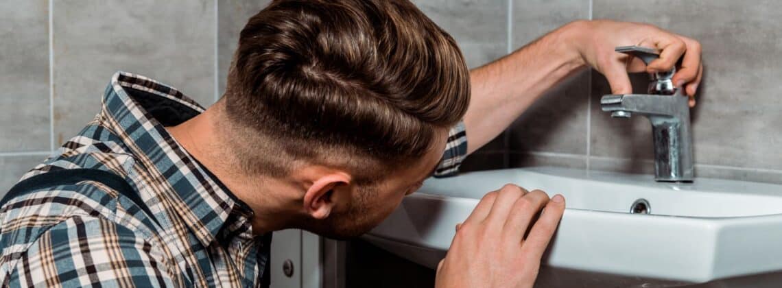 man installs new bathroom faucet