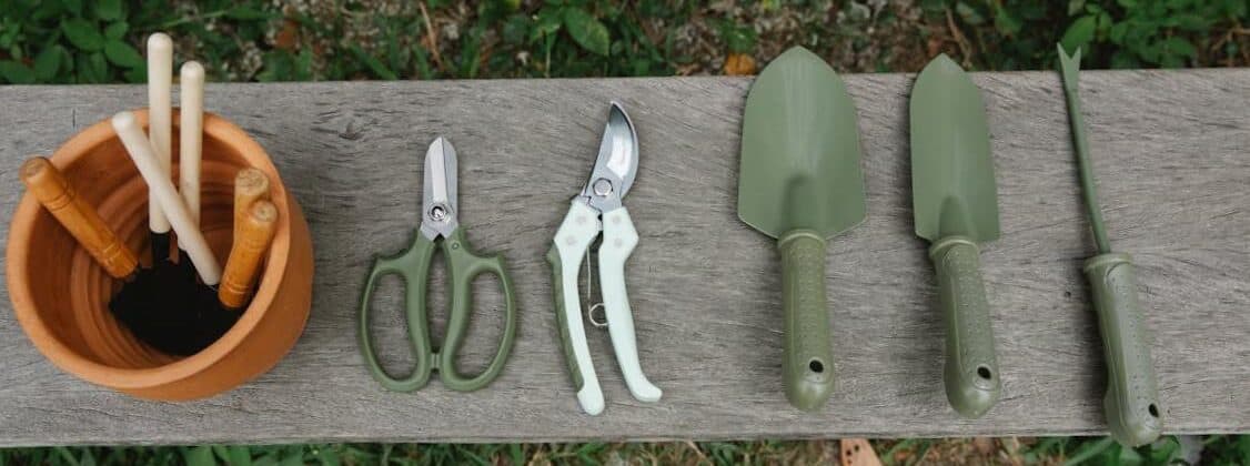 garden tools on bench