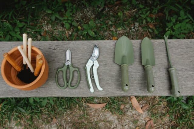 garden tools on bench