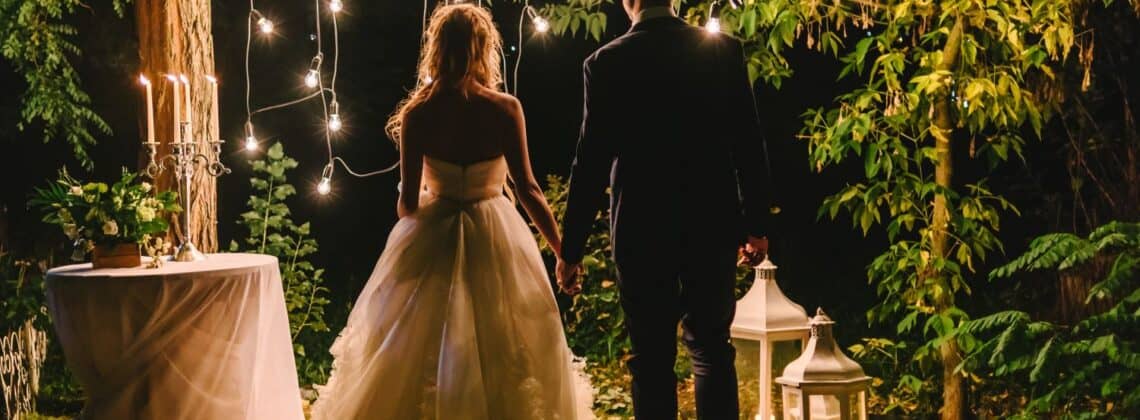 rustic wedding decor bride and groom at night