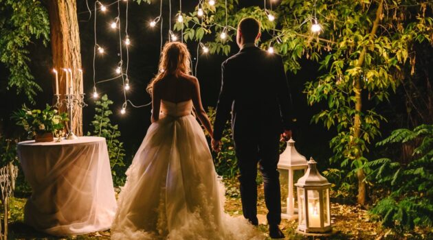 rustic wedding decor bride and groom at night