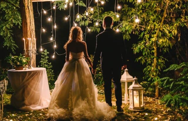 rustic wedding decor bride and groom at night