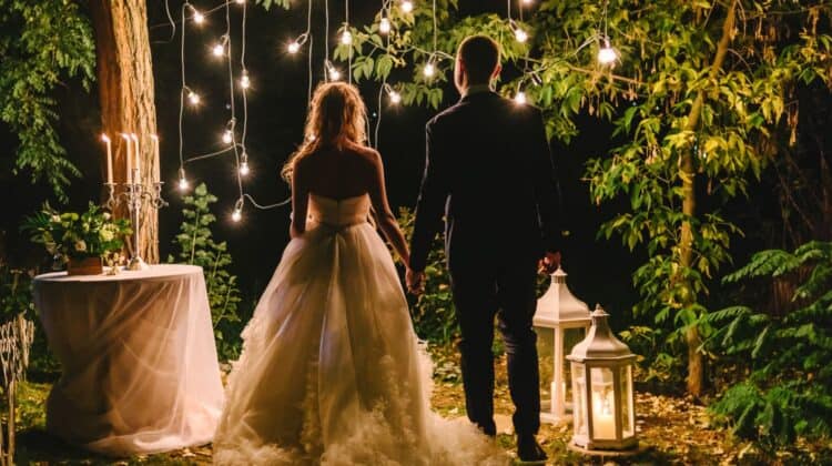 rustic wedding decor bride and groom at night