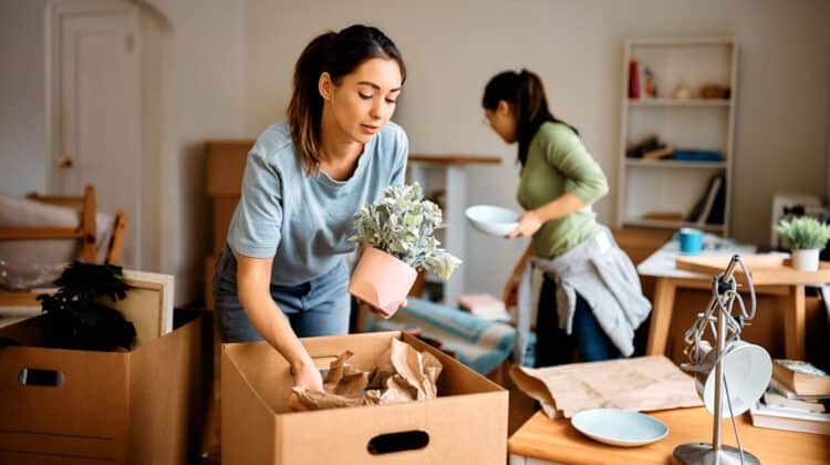 women packing for moving