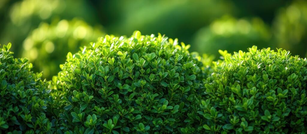 three boxwood plants in a garden